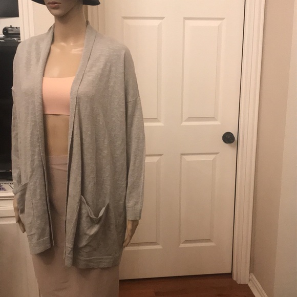 Eileen Fisher Silver Organic Linen High Collar Ribbed Knit Cardigan Size XS - Picture 6 of 13